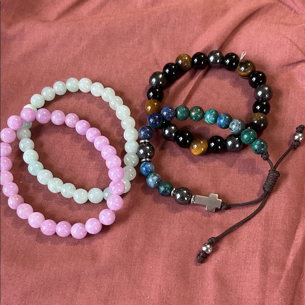Stones Mix Bracelets Set Aventurine, Rose Quartz, Lapis & Tiger Eye